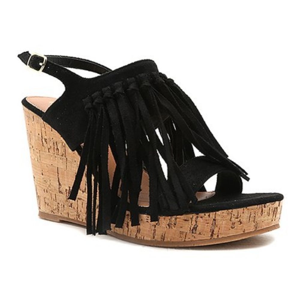 Black Western Boho Fringe Cork Wedge Sandals